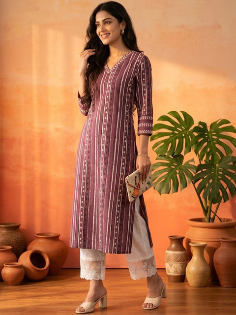 Sangria Printed Pure Cotton V-Neck Calf Length Straight Kurta - Image 2