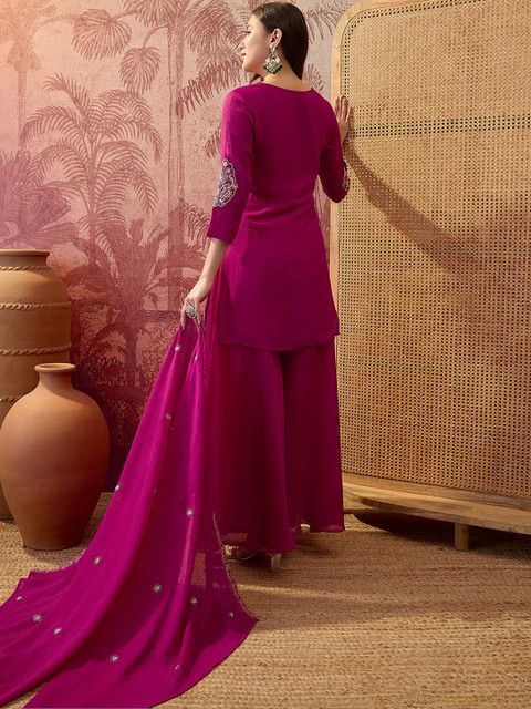 Sangria Embroidered V-Neck Kurta & Palazzos With Dupatta - Image 4