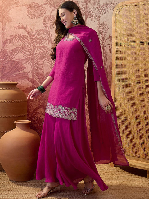 Sangria Embroidered V-Neck Kurta & Palazzos With Dupatta