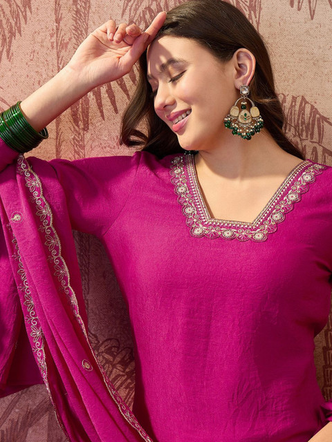 Sangria Embroidered V-Neck Kurta & Palazzos With Dupatta - Image 3