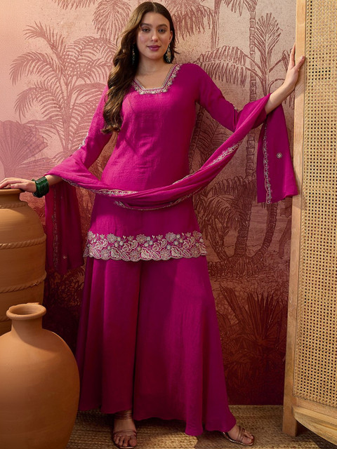 Sangria Embroidered V-Neck Kurta & Palazzos With Dupatta - Image 7