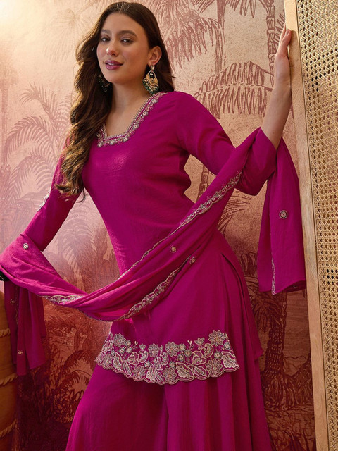 Sangria Embroidered V-Neck Kurta & Palazzos With Dupatta - Image 2
