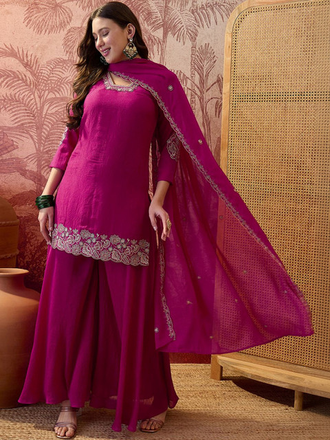 Sangria Embroidered V-Neck Kurta & Palazzos With Dupatta - Image 6