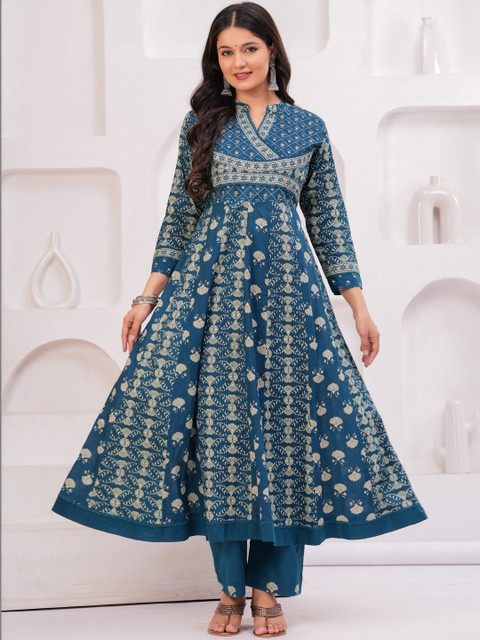 KALINI Women Ethnic Motifs Printed Angrakha Pure Cotton Kurta with Trousers & With Dupatta - Image 4