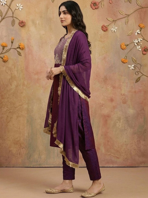 Anouk Women Ethnic Motifs Embroidered Regular Thread Work Kurta with Trousers & With Dupatta - Image 2