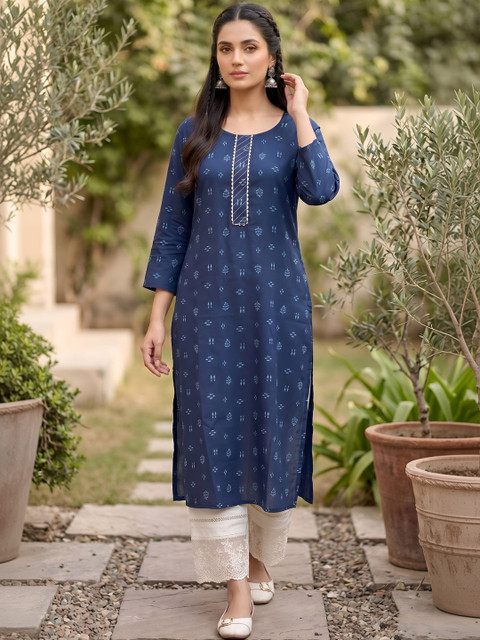 KEIYONA Women Ethnic Motifs Printed Thread Work Indigo Kurta