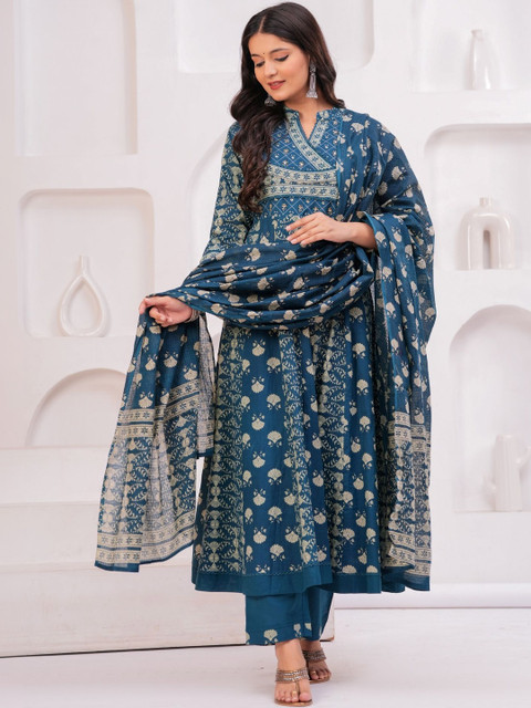 KALINI Women Ethnic Motifs Printed Angrakha Pure Cotton Kurta with Trousers & With Dupatta - Image 2