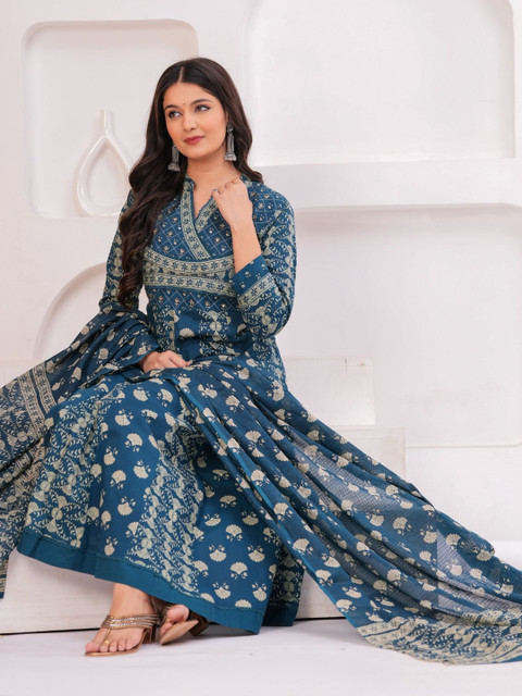 KALINI Women Ethnic Motifs Printed Angrakha Pure Cotton Kurta with Trousers & With Dupatta - Image 3