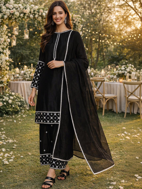 House of Pataudi Embroidered Round Neck Kurta & Palazzos With Dupatta