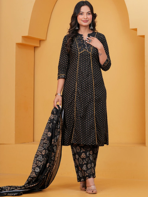 KALINI Women Ethnic Motifs Printed Panelled Beads and Stones Pure Cotton Kurta with Palazzos & With Dupatta - Image 6