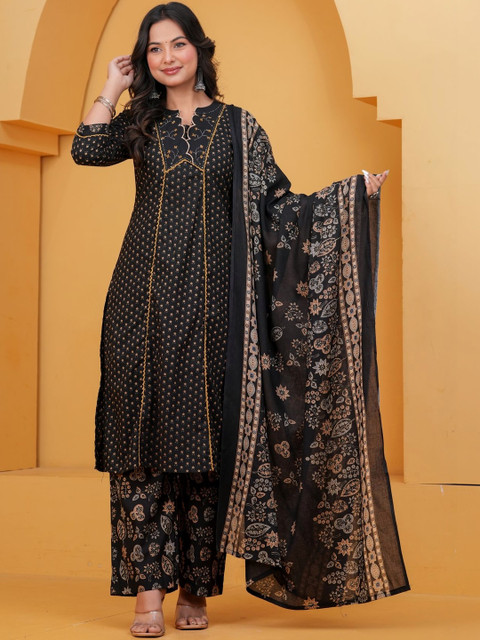 KALINI Women Ethnic Motifs Printed Panelled Beads and Stones Pure Cotton Kurta with Palazzos & With Dupatta