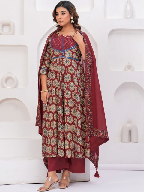 KALINI Women Ethnic Motifs Printed Empire Mirror Work Pure Cotton Kurta with Palazzos & With Dupatta - Image 6