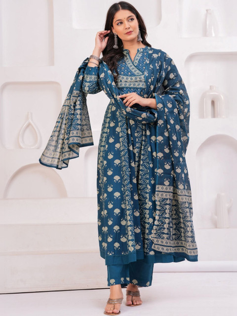 KALINI Women Ethnic Motifs Printed Angrakha Pure Cotton Kurta with Trousers & With Dupatta