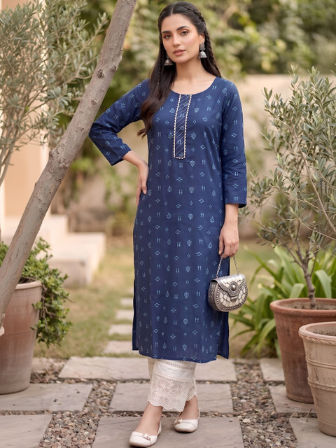 KEIYONA Women Ethnic Motifs Printed Thread Work Indigo Kurta - Image 4