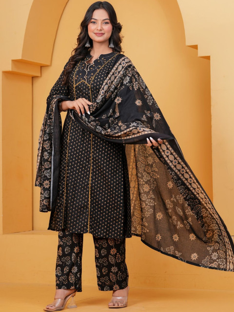 KALINI Women Ethnic Motifs Printed Panelled Beads and Stones Pure Cotton Kurta with Palazzos & With Dupatta - Image 3