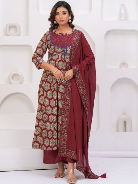 KALINI Women Ethnic Motifs Printed Empire Mirror Work Pure Cotton Kurta with Palazzos & With Dupatta - Image 2
