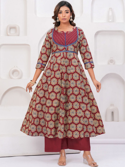 KALINI Women Ethnic Motifs Printed Empire Mirror Work Pure Cotton Kurta with Palazzos & With Dupatta - Image 4