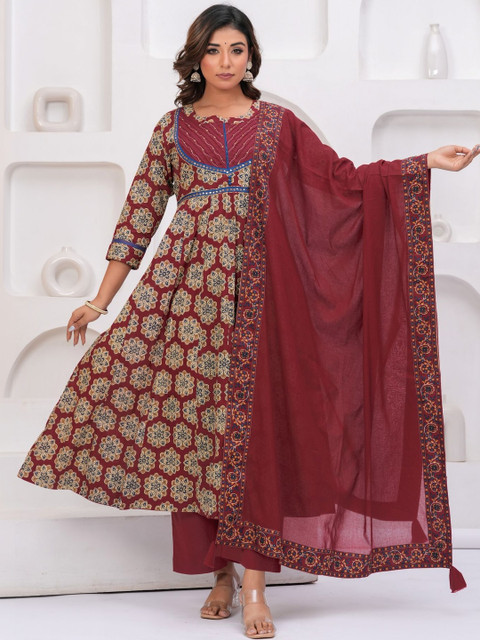 KALINI Women Ethnic Motifs Printed Empire Mirror Work Pure Cotton Kurta with Palazzos & With Dupatta