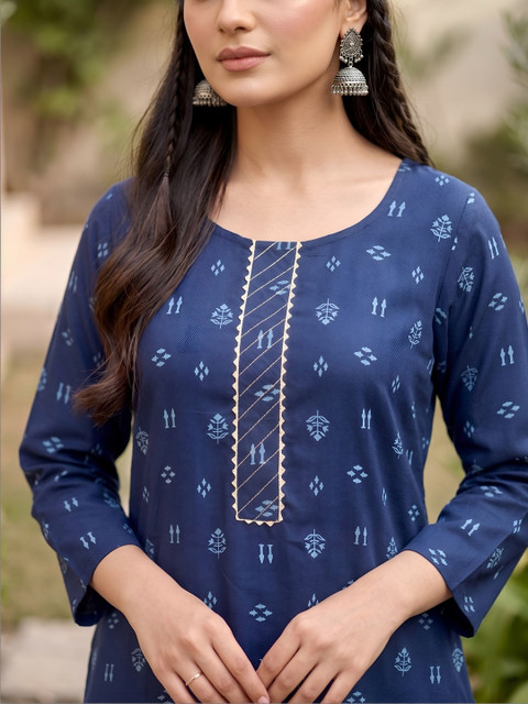KEIYONA Women Ethnic Motifs Printed Thread Work Indigo Kurta - Image 2