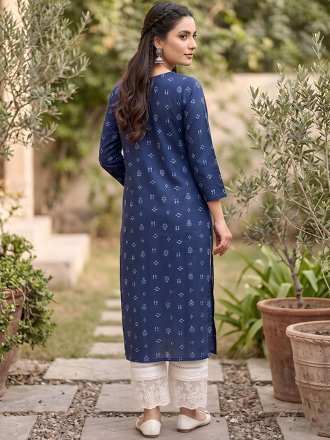 KEIYONA Women Ethnic Motifs Printed Thread Work Indigo Kurta - Image 5
