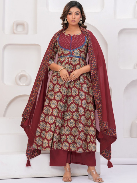 KALINI Women Ethnic Motifs Printed Empire Mirror Work Pure Cotton Kurta with Palazzos & With Dupatta - Image 3