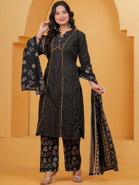 KALINI Women Ethnic Motifs Printed Panelled Beads and Stones Pure Cotton Kurta with Palazzos & With Dupatta - Image 7