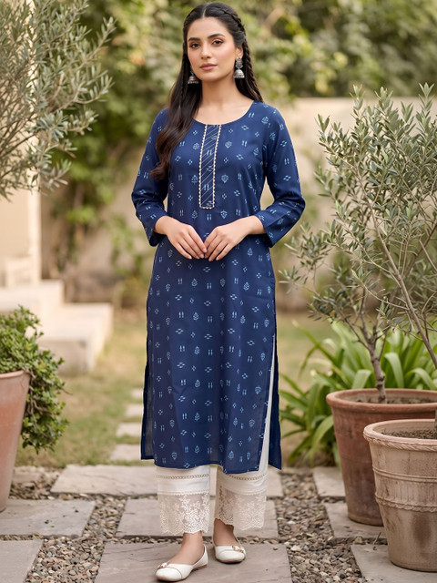KEIYONA Women Ethnic Motifs Printed Thread Work Indigo Kurta - Image 3