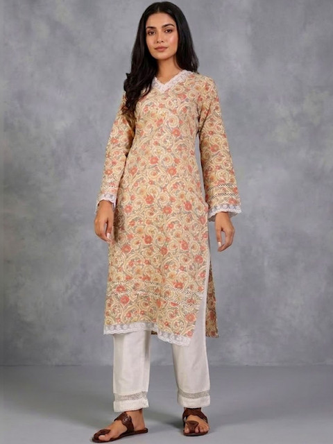 Navibhu Tailored-Fit Printed Cotton Formal Floral Printed Kurta