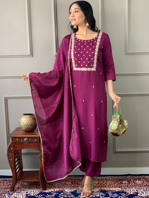KAARVYA Women Ethnic Motifs Embroidered Regular Thread Work Kurta with Trousers & With Dupatta