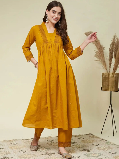 Puretouch Women Empire Thread Work Pure Cotton Kurta with Trousers