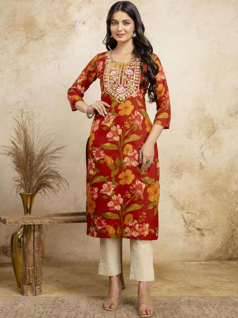 SR FAB Women Floral Printed Thread Work Floral Kurta