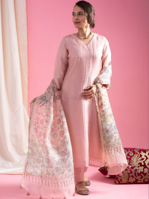 KAARVYA Women Ethnic Motifs Regular Sequinned Kurta with Trousers & With Dupatta - Image 4