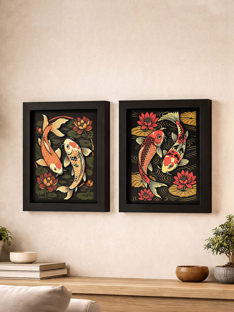 Random Synthetic Wood 3D Fish Wall Art Set of 2 Rectangular Framed Home Decor 28 cm