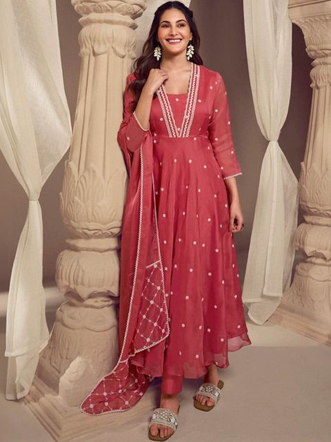SURUKH Ethnic Motifs Printed Empire Thread Work Kurta With Trousers & Dupatta