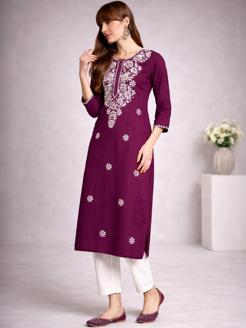 Sangria Embroidered Sweetheart Neck A-Line Kurta