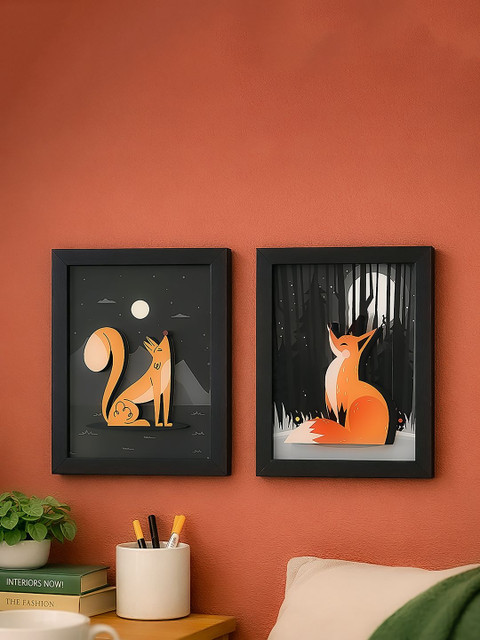 Random Synthetic Wood 3D Cat Wall Art Set of 2 Rectangular Framed Home Decor 28 cm