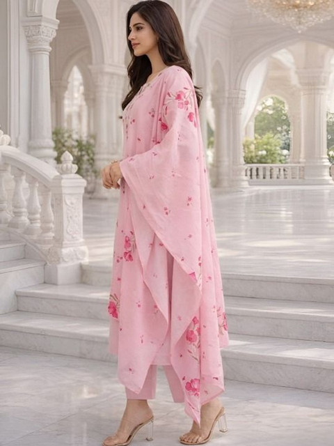 Anouk Women Floral Printed Regular Thread Work Chanderi Cotton Kurta with Trousers & With Dupatta
