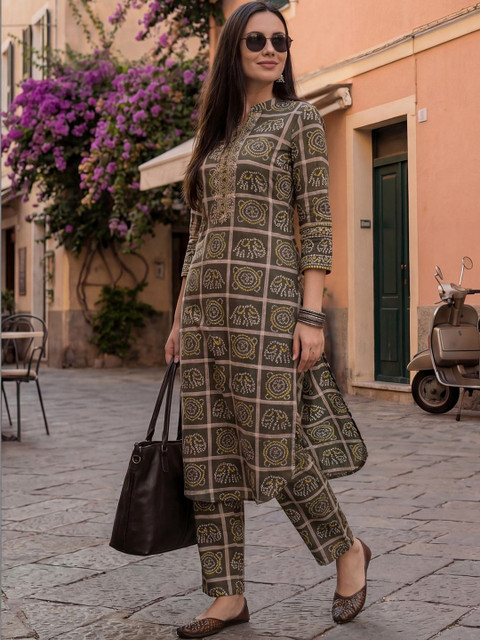 Indo Era Women Ethnic Motifs Printed Regular Thread Work Pure Cotton Kurta with Trousers