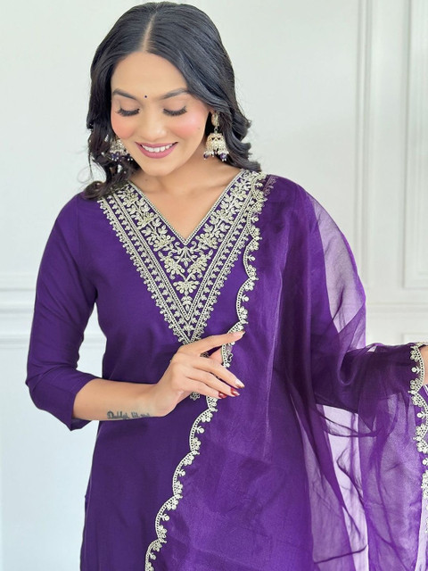 KAARVYA Women Ethnic Motifs Embroidered Regular Thread Work Kurta with Trousers & With Dupatta - Image 2
