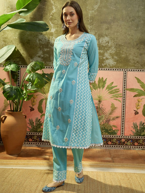 Sangria Embroidered Pure Cotton Round Neck Kurta & Palazzos With Dupatta Kurta Set - Image 5