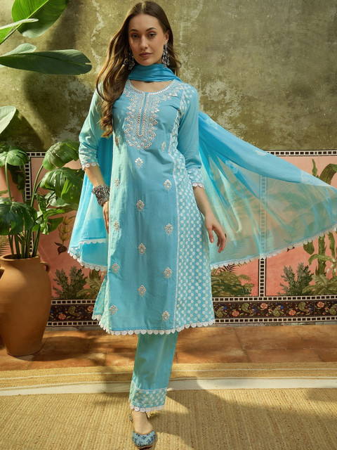 Sangria Embroidered Pure Cotton Round Neck Kurta & Palazzos With Dupatta Kurta Set