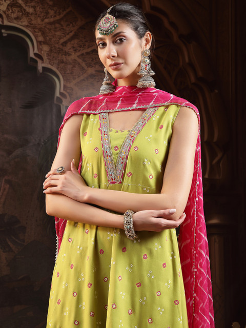Stylum Women Bandhani Printed Bandhej A-Line Thread Work Pastels Kurta With Dupatta - Image 7