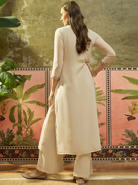 Sangria Embroidered Georgette Round Neck Kurta & Palazzos Kurta Set - Image 5