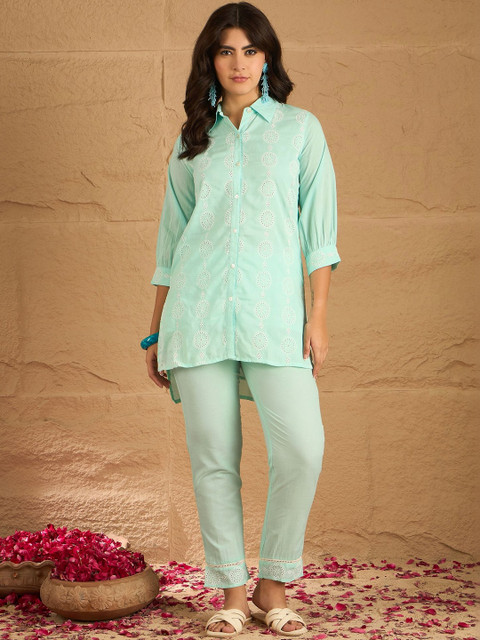 Sangria Ruffled Cotton Embroidered Shirt with Trousers