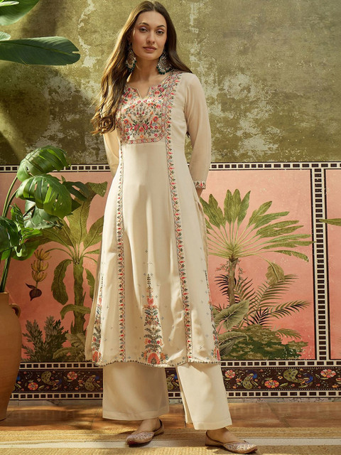 Sangria Embroidered Georgette Round Neck Kurta & Palazzos Kurta Set - Image 7
