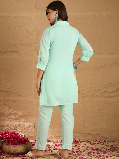 Sangria Ruffled Cotton Embroidered Shirt with Trousers - Image 2