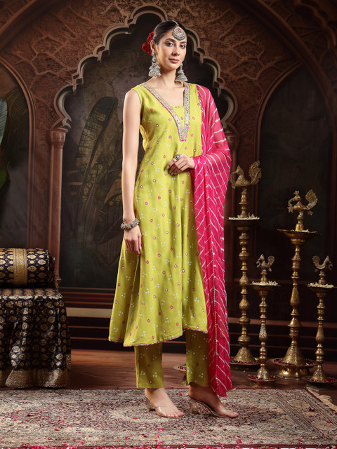 Stylum Women Bandhani Printed Bandhej A-Line Thread Work Pastels Kurta With Dupatta - Image 4