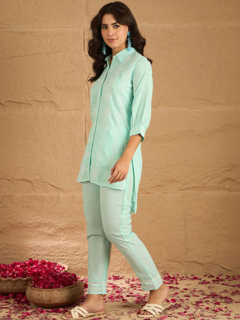 Sangria Ruffled Cotton Embroidered Shirt with Trousers - Image 3