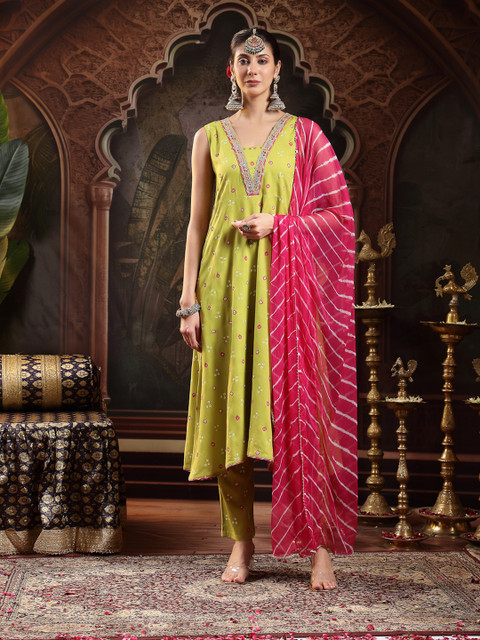Stylum Women Bandhani Printed Bandhej A-Line Thread Work Pastels Kurta With Dupatta