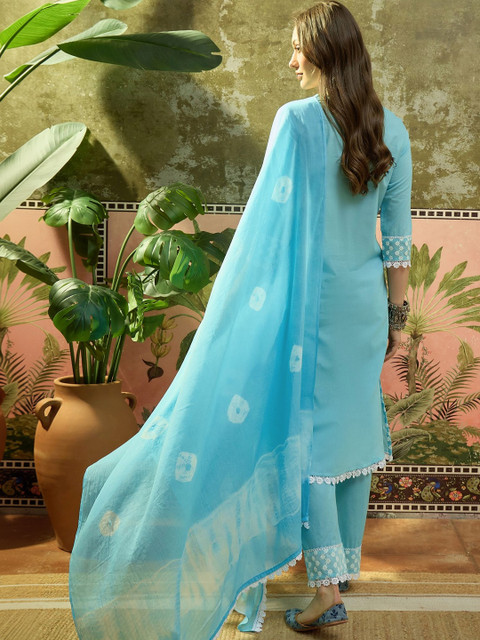Sangria Embroidered Pure Cotton Round Neck Kurta & Palazzos With Dupatta Kurta Set - Image 7